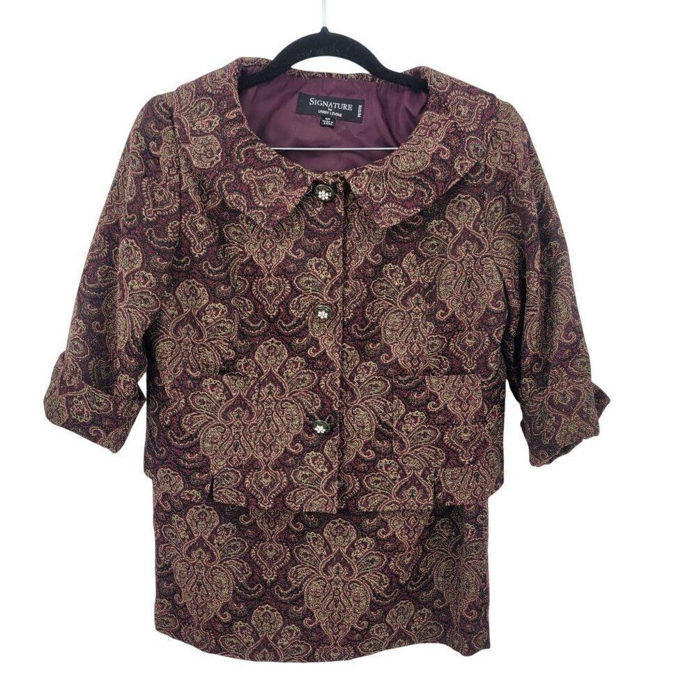Vintage 8P Petite Womens Tapestry Skirt Set‎ Burgundy Gold Medallion Jacquard